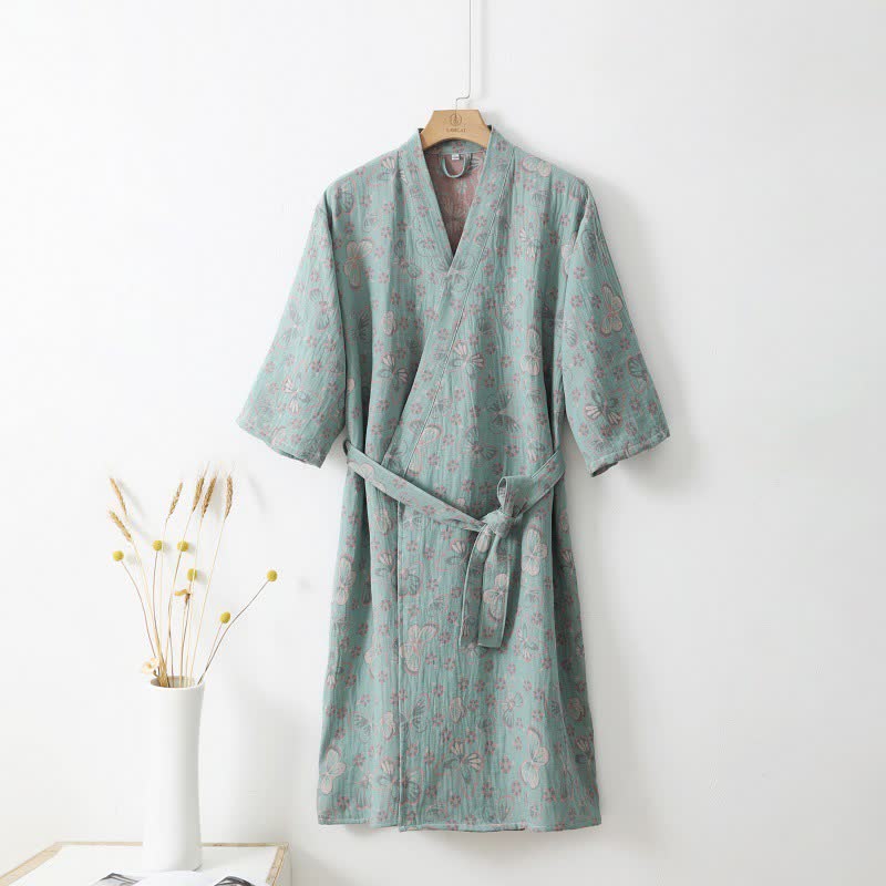Soft Lightweight Floral Bathrobe with Butterfly Pattern - Pexav