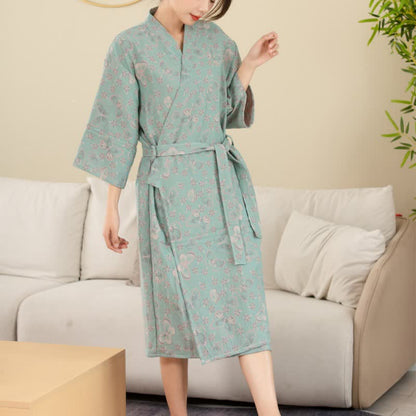 Soft Lightweight Floral Bathrobe with Butterfly Pattern