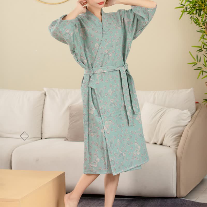 Soft Lightweight Floral Bathrobe with Butterfly Pattern