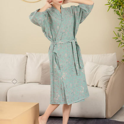 Soft Lightweight Floral Bathrobe with Butterfly Pattern