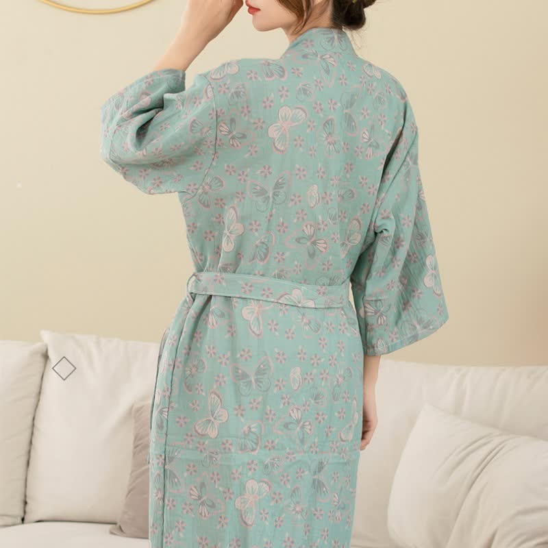 Soft Lightweight Floral Bathrobe with Butterfly Pattern