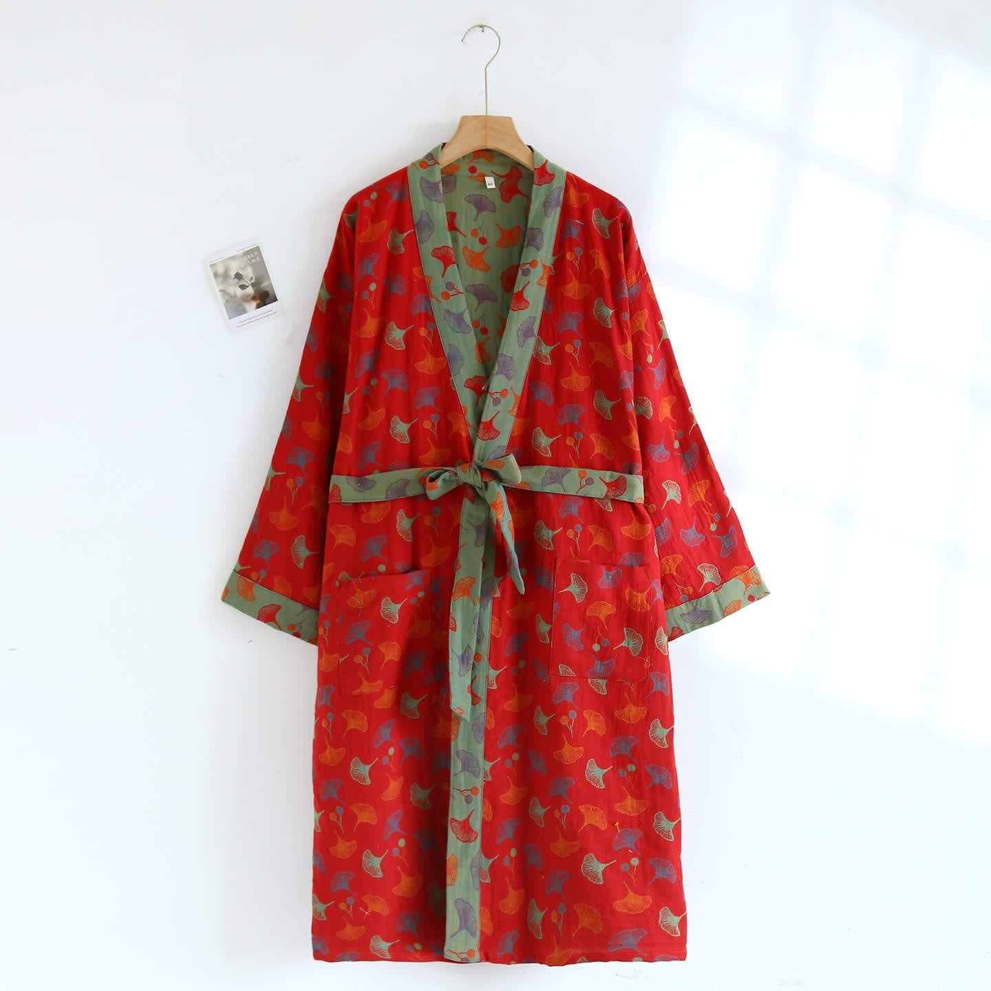 Comfy Ginkgo Leaf Pattern Bathrobe, Lightweight Robe - Pexav