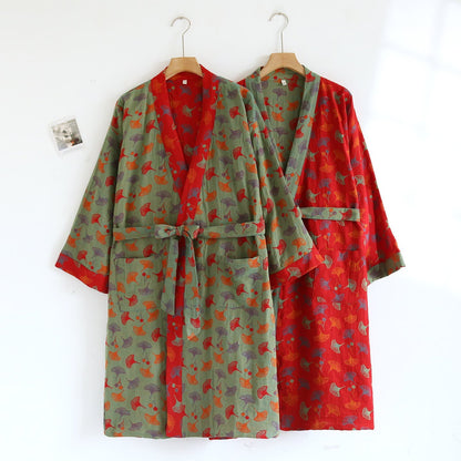 Comfy Ginkgo Leaf Pattern Bathrobe, Lightweight Robe