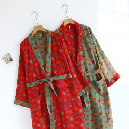 Comfy Ginkgo Leaf Pattern Bathrobe, Lightweight Robe