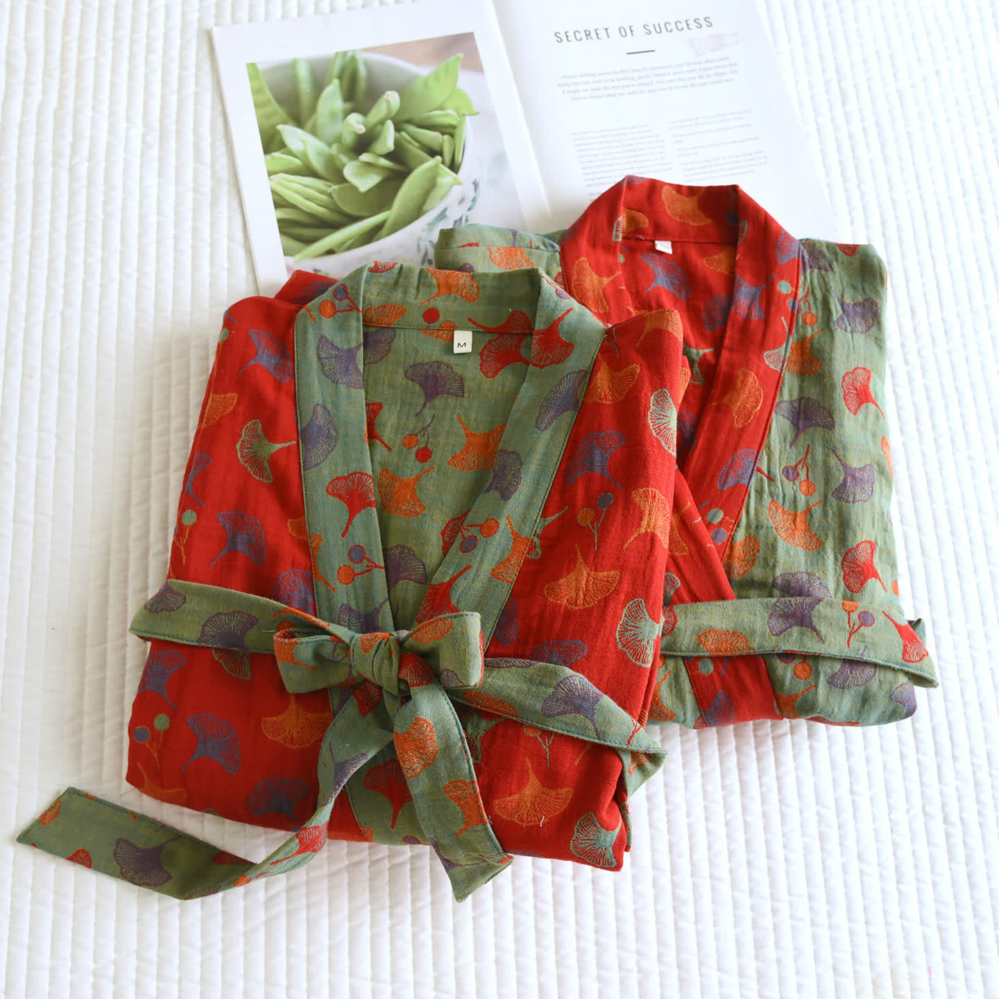 Comfy Ginkgo Leaf Pattern Bathrobe, Lightweight Robe