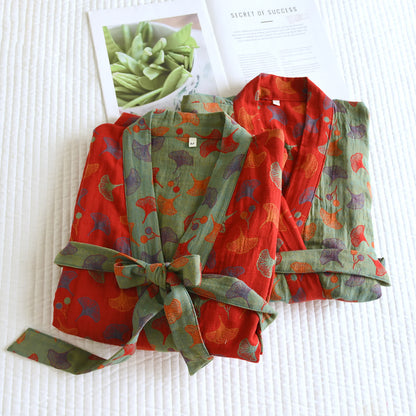 Comfy Ginkgo Leaf Pattern Bathrobe, Lightweight Robe