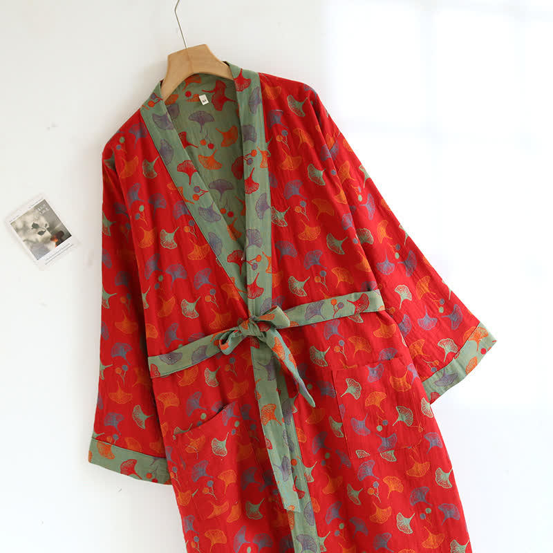 Comfy Ginkgo Leaf Pattern Bathrobe, Lightweight Robe