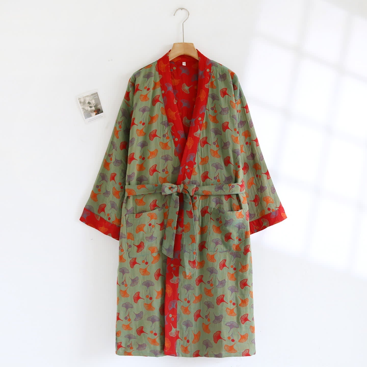 Comfy Ginkgo Leaf Pattern Bathrobe, Lightweight Robe