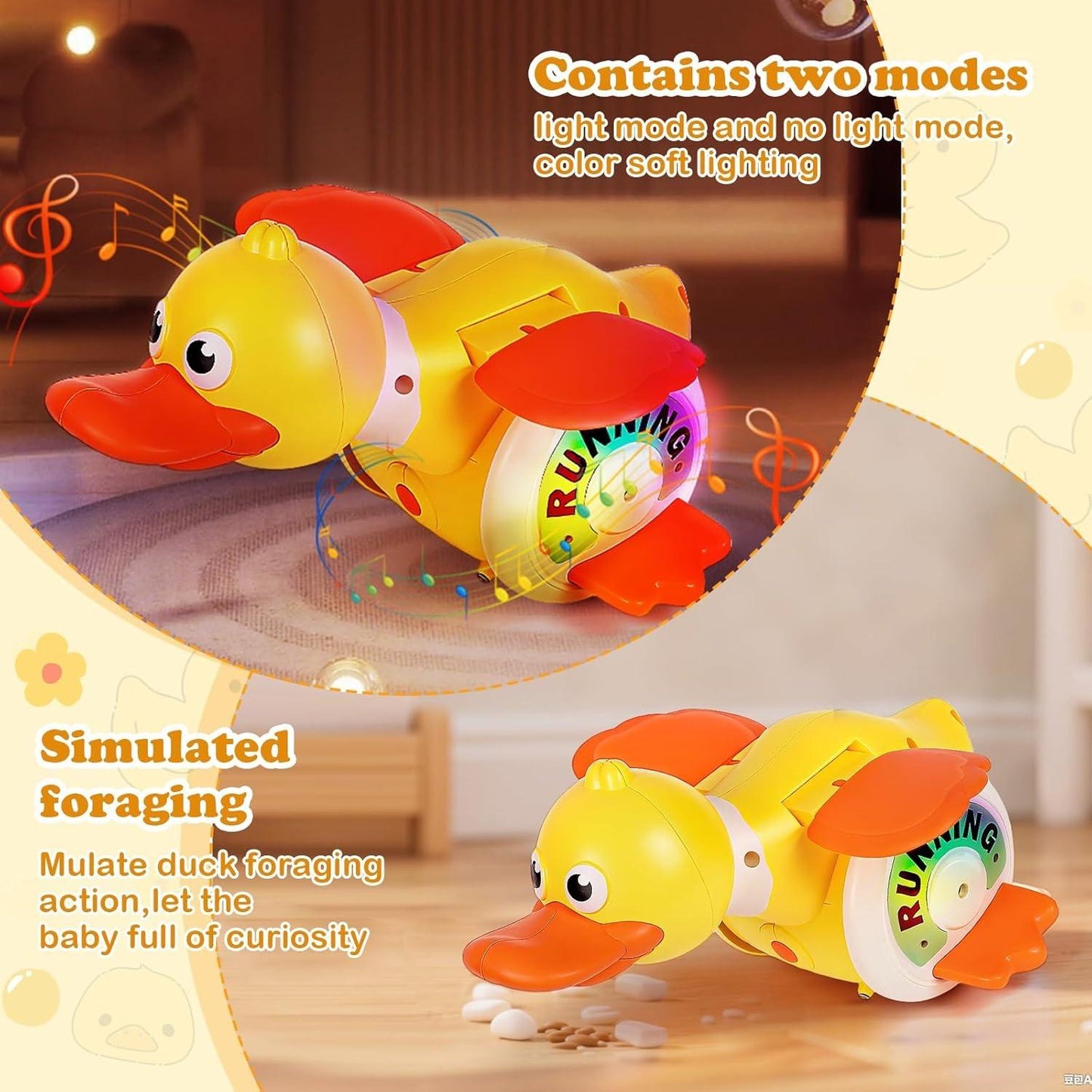 Crawling Baby with Musical Duck, Auto Obstacle Avoidance, RGB Lights, 360° Spinning, Safe for Ages 1+