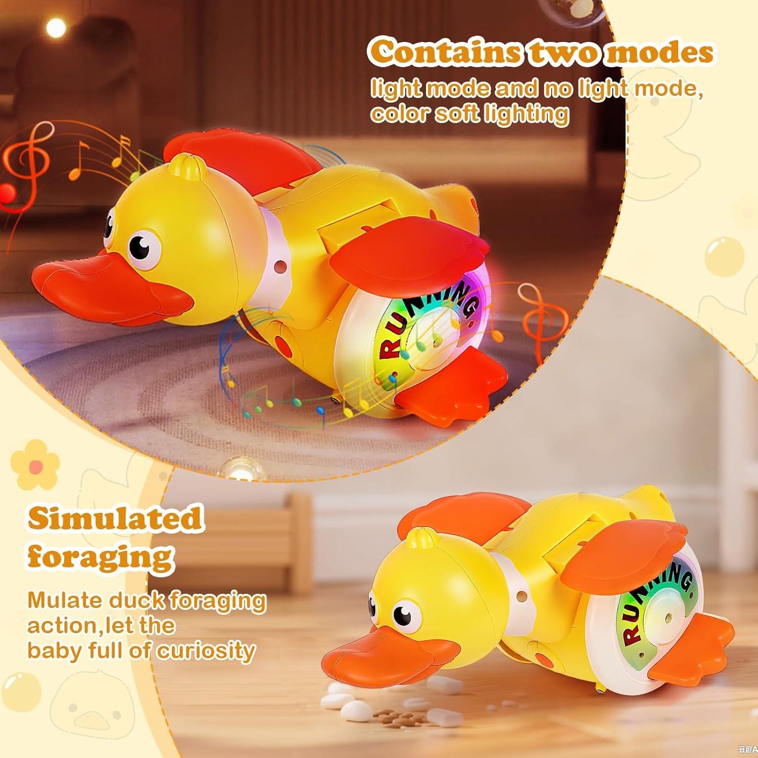 Crawling Baby with Musical Duck, Auto Obstacle Avoidance, RGB Lights, 360° Spinning, Safe for Ages 1+