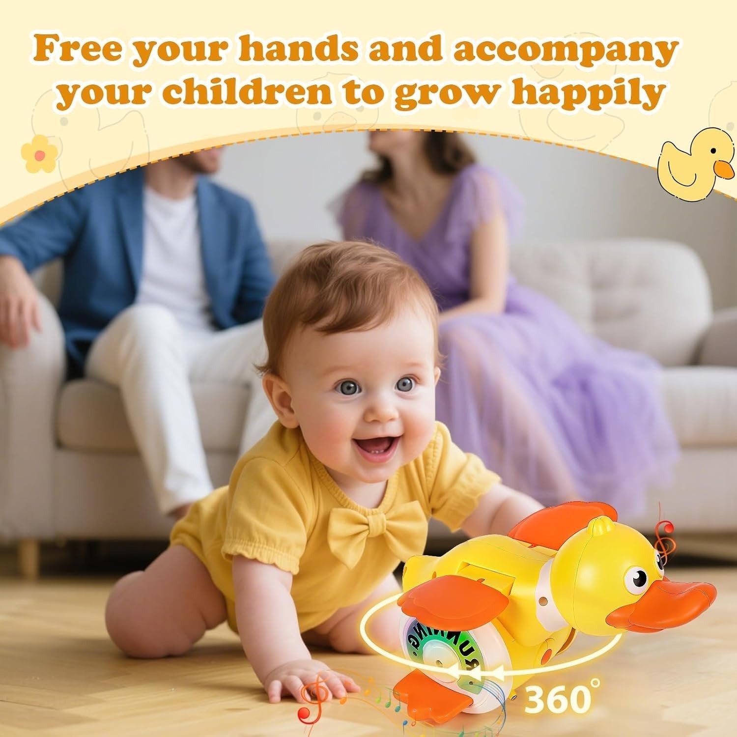 Crawling Baby with Musical Duck, Auto Obstacle Avoidance, RGB Lights, 360° Spinning, Safe for Ages 1+