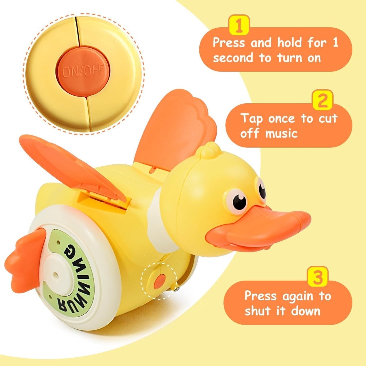 Crawling Baby with Musical Duck, Auto Obstacle Avoidance, RGB Lights, 360° Spinning, Safe for Ages 1+