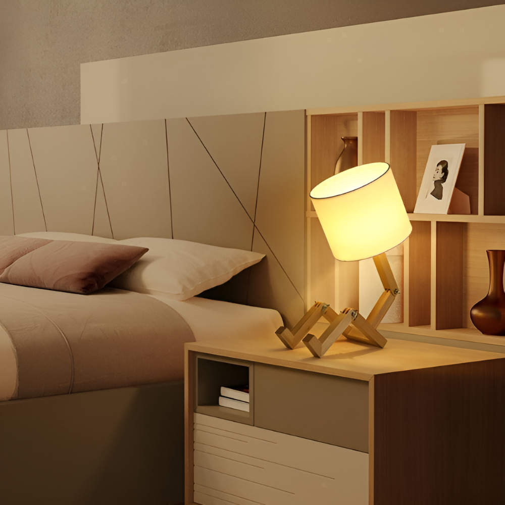 Creative Wooden Robot Desk Lamp with Adjustable Brightness and Integrated Book Holder - Small Table Lamp for Bedside or Study 2