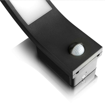 Black outdoor motion sensor light on a white background