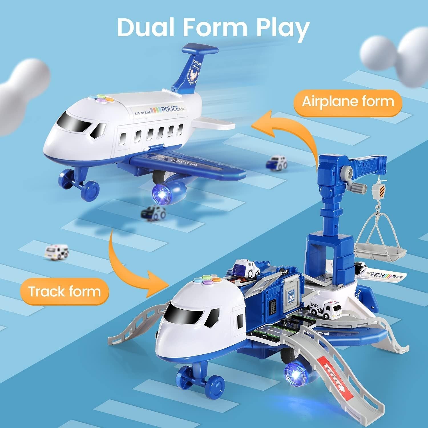 DIY Large Airplane Track Toy with Interactive Sound, Lights, Slide & 360° Crane, Safe for Kids 3+