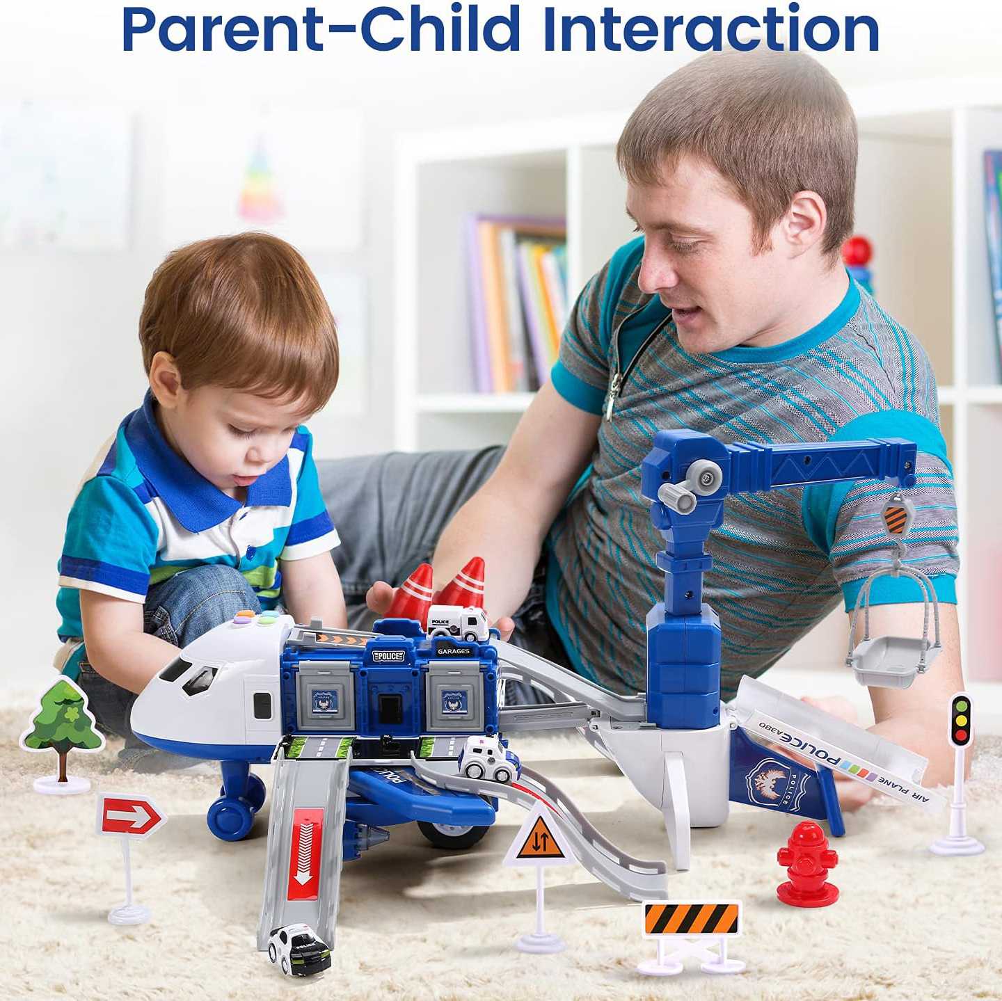 DIY Large Airplane Track Toy with Interactive Sound, Lights, Slide & 360° Crane, Safe for Kids 3+