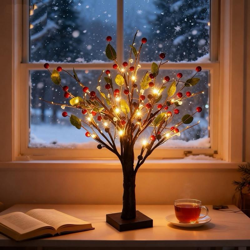 Decorative light tree with berries on a table in front of a snowy window