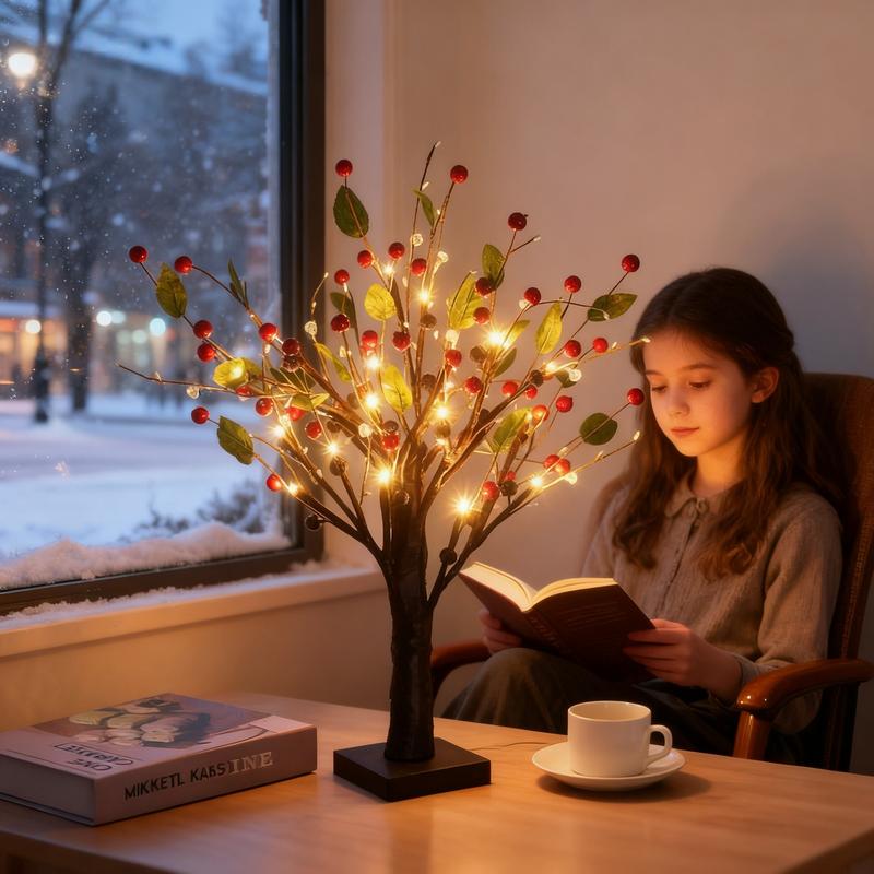 Child reading a book next to a decorative tree with lights on a table by a window with snow outside.