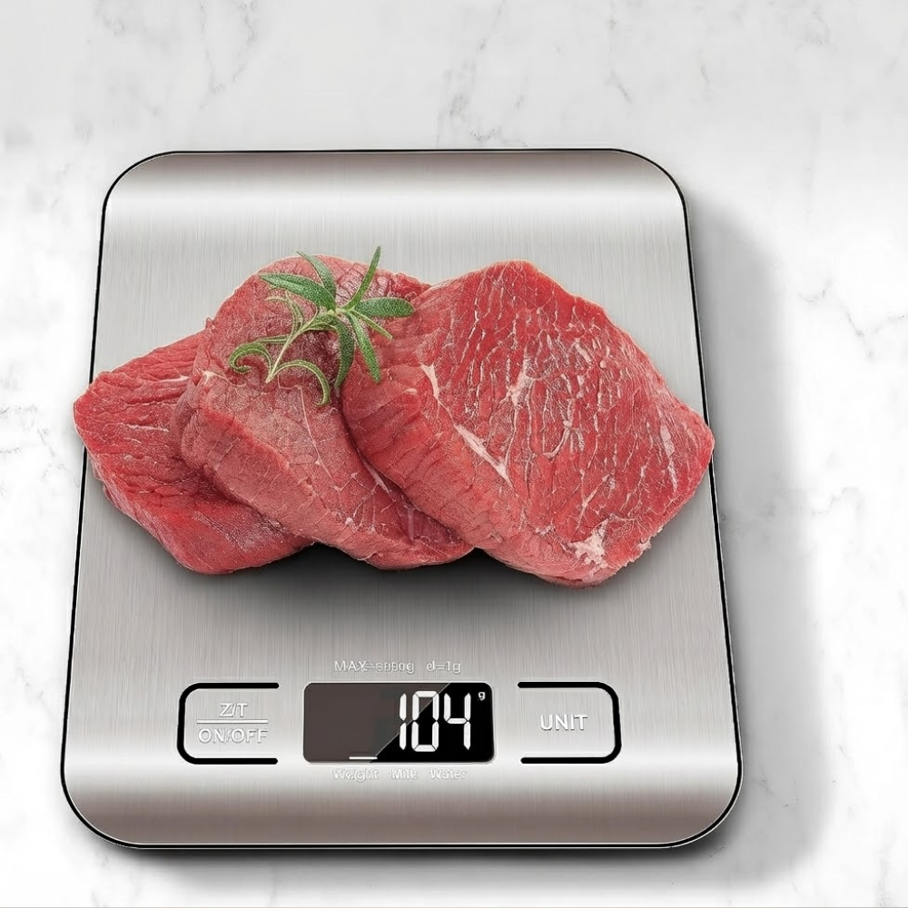Raw meat on a digital kitchen scale with a white marble background