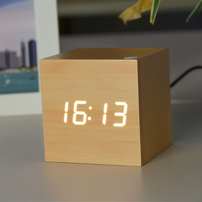 Digital LED Alarm Clock – Stylish Wooden Cube Design with Easy Settings and Clear Sound 1