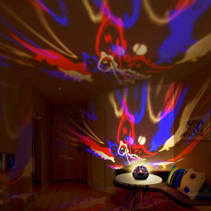 Colorful ceiling projections in a room with a small table and decorative items.