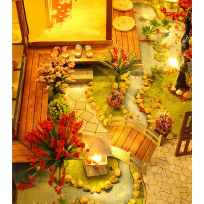 DIY Japanese Wooden Dollhouse Kit with Furniture, Music Box, and Dust Cover