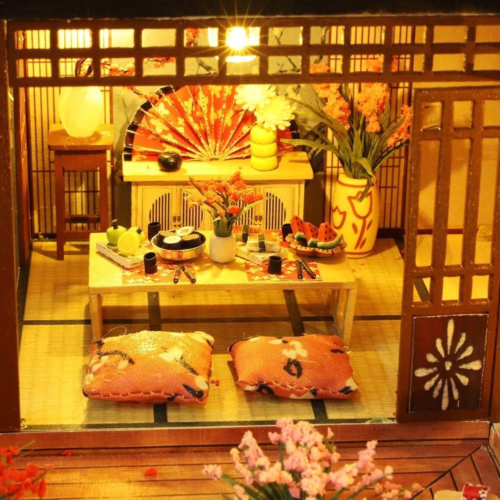 DIY Japanese Wooden Dollhouse Kit with Furniture, Music Box, and Dust Cover