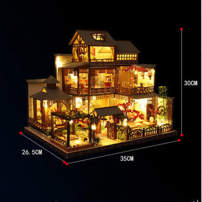 DIY Japanese Wooden Dollhouse Kit with Furniture, Music Box, and Dust Cover