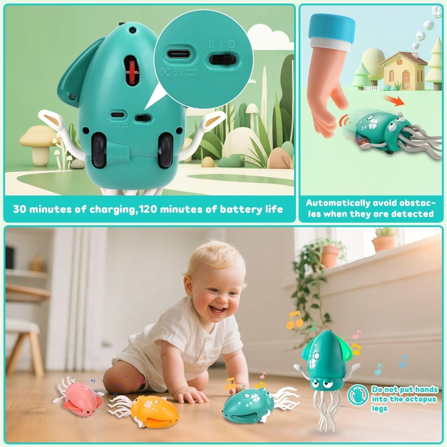 Electric Dancing Octopus Toy with Lights and Sounds, Obstacle Avoidance, Safe for Ages 3+
