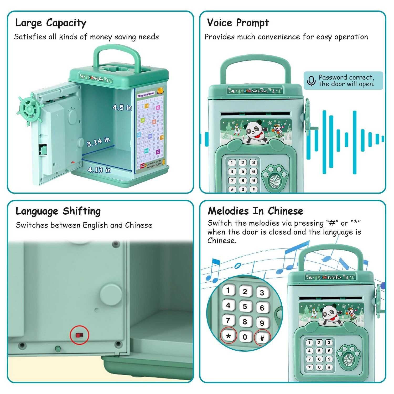 Electronic Piggy Bank toy with Fingerprint, Password and Voice Guidance, Safe for Ages 3+