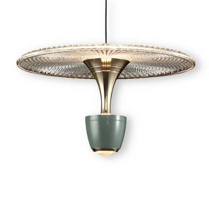 Modern pendant light with gold and green design on a white background