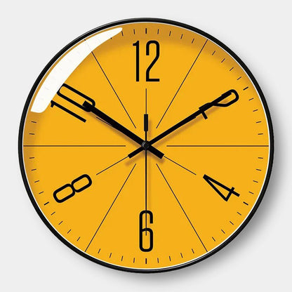 Yellow wall clock with black numbers and hands on a white background