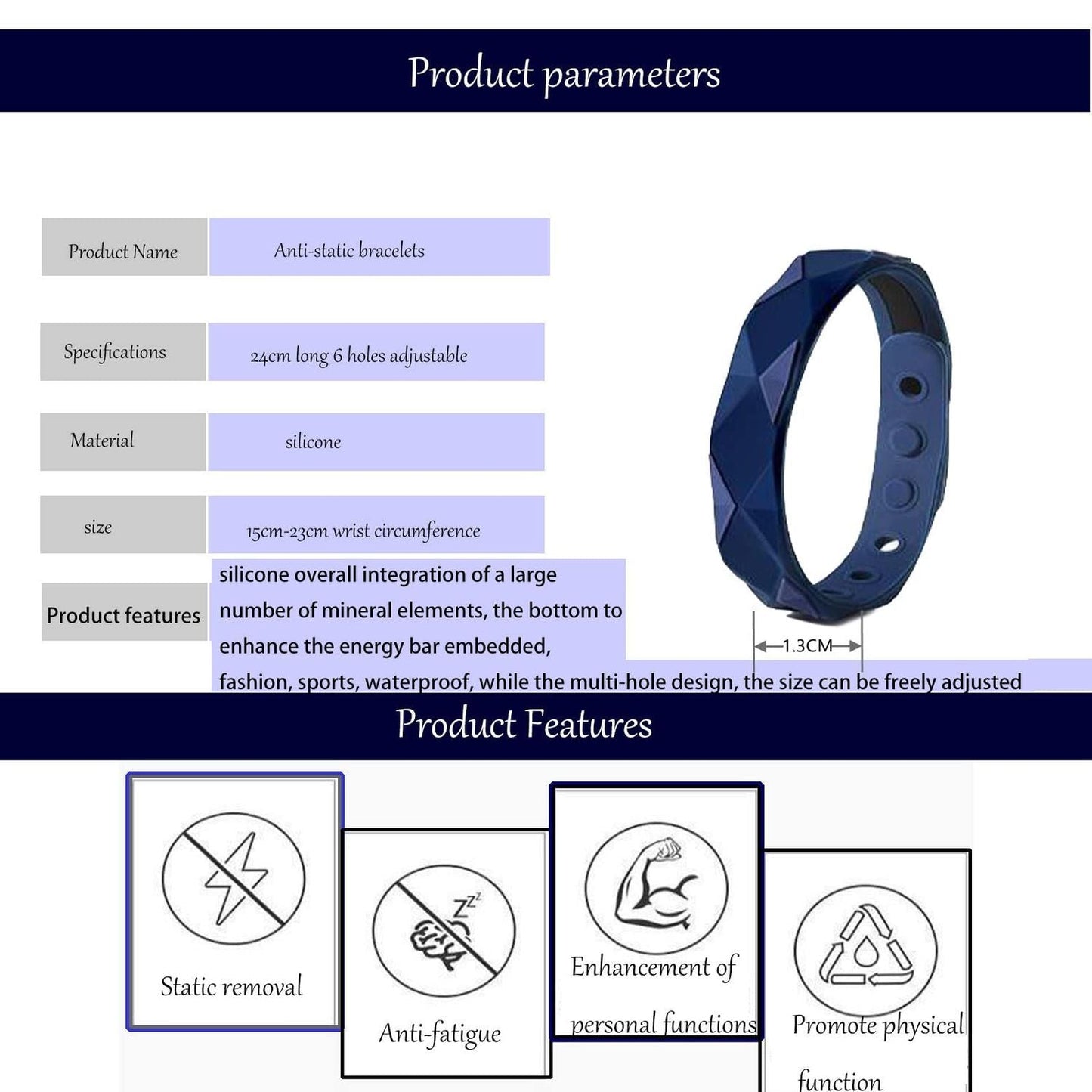 Far Infrared Anti Static Negative Ion Bracelet - Waterproof Silicone Lovers Bracelet Anti Fatigue, Sports Wristband