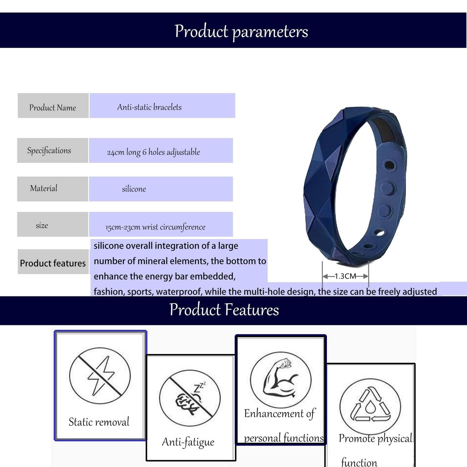 Far Infrared Anti Static Negative Ion Bracelet - Waterproof Silicone Lovers Bracelet Anti Fatigue, Sports Wristband