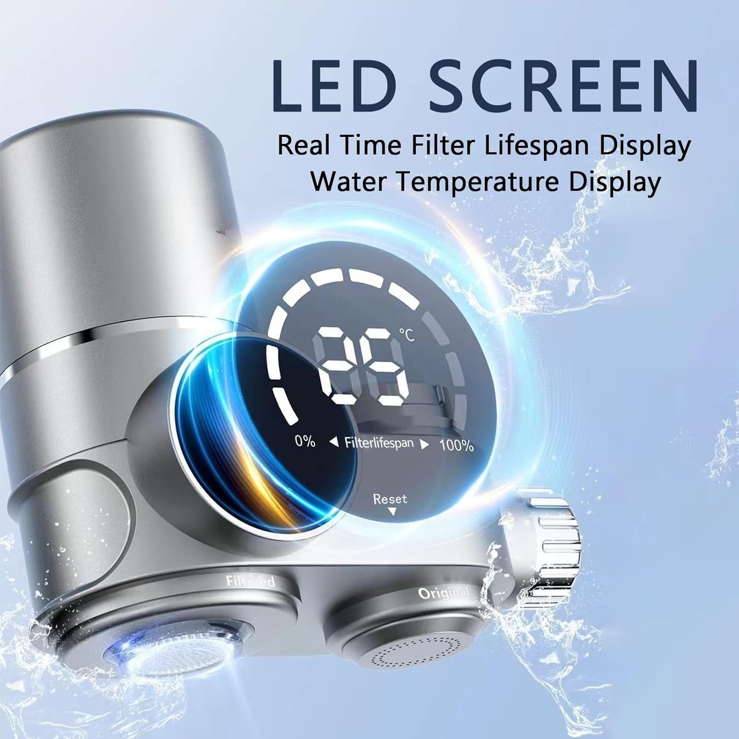 Faucet Water Filter with LED Display – Reduces Lead & Chlorine, Easy Sink Installation and UV Blue Light Sterilization