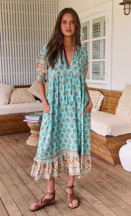 Casual Floral V Neck Sundress for Women - Pexav