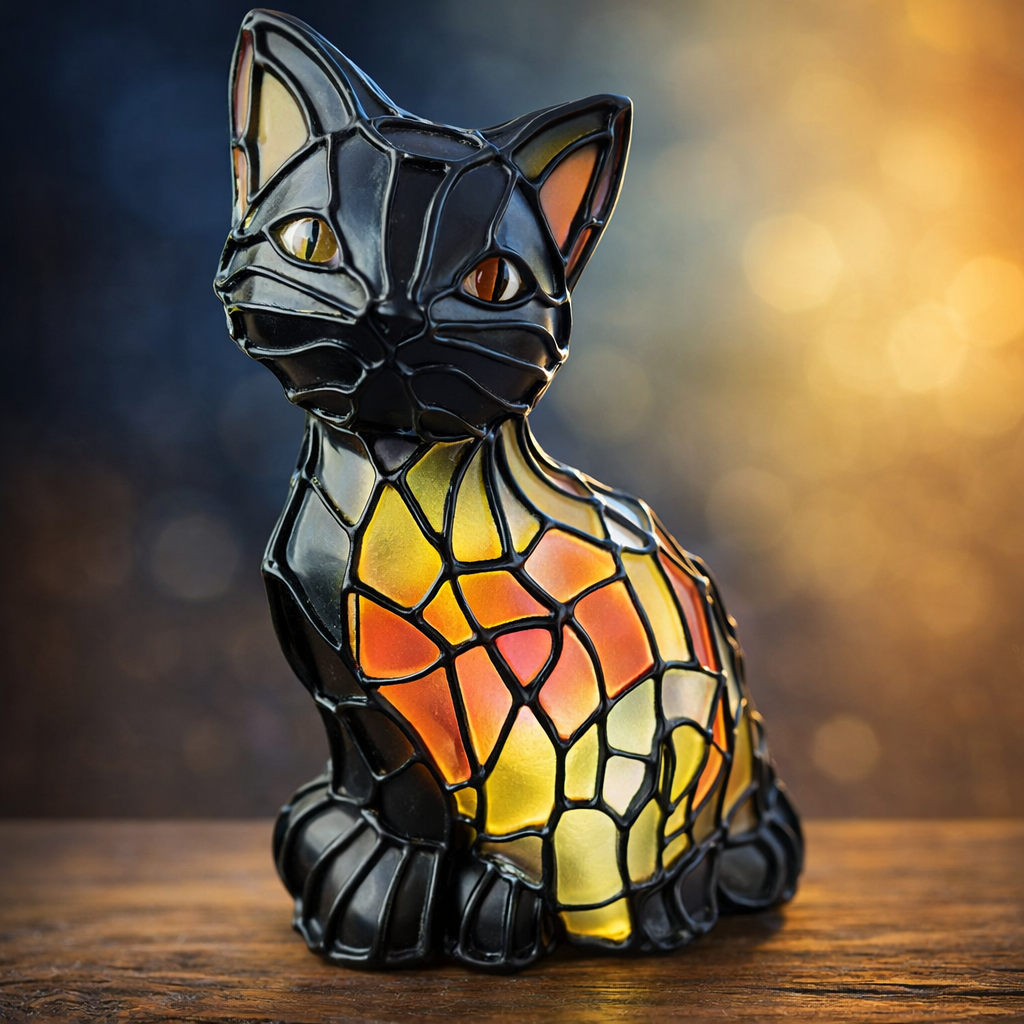 Vintage Cat Table Lamp - Black Resin Figurine with Soft Glow - Pexav