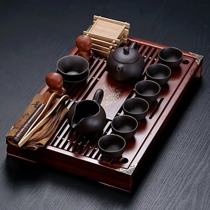 Traditional Asian Wooden Tea Serving Tray Set - Pexav