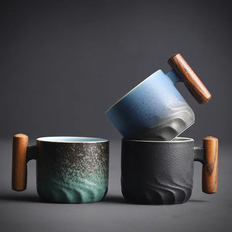 Artisan Ceramic Coffee Cup with Wood Grip - Pexav