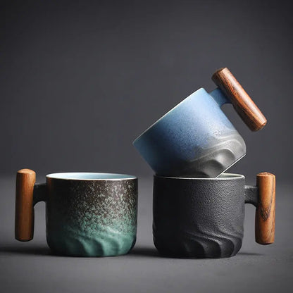 Artisan Ceramic Coffee Cup with Wood Grip - Pexav