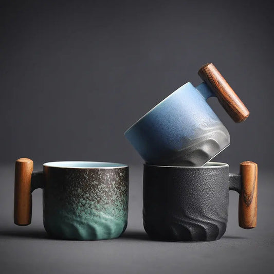Artisan Ceramic Coffee Cup with Wood Grip - Pexav