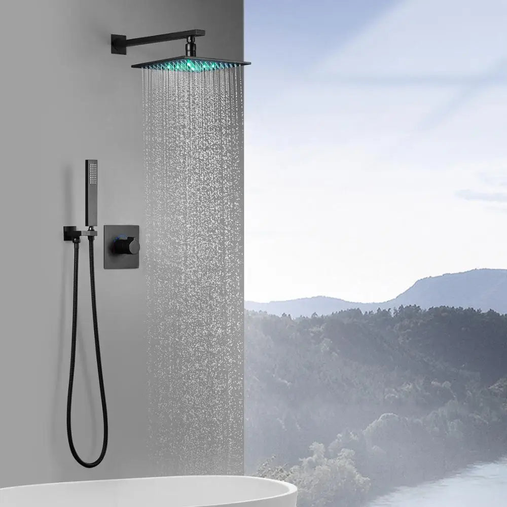 Sleek Black Luxury LED Rain Shower Head Set - Pexav