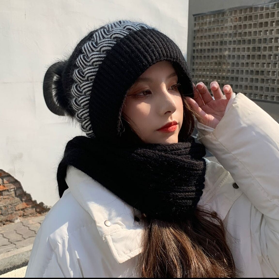 Warm Reversible Wool Scarf Hat Set