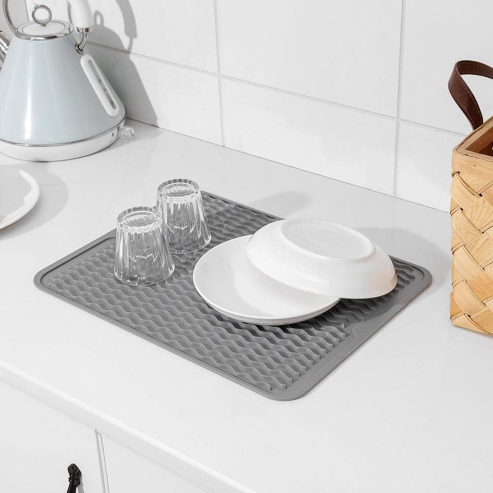 Heat-Resistant Silicone Kitchen Mat – Non-Slip Dish Drying Mat and Drawer Insert – BPA Free, 40x30 cm, Grey/Blue/Transparent 5