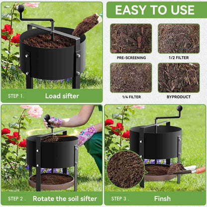 Heavy-Duty Rotary Soil Sifter – Garden Soil Sieve for Potting, Compost & Dirt Filtering