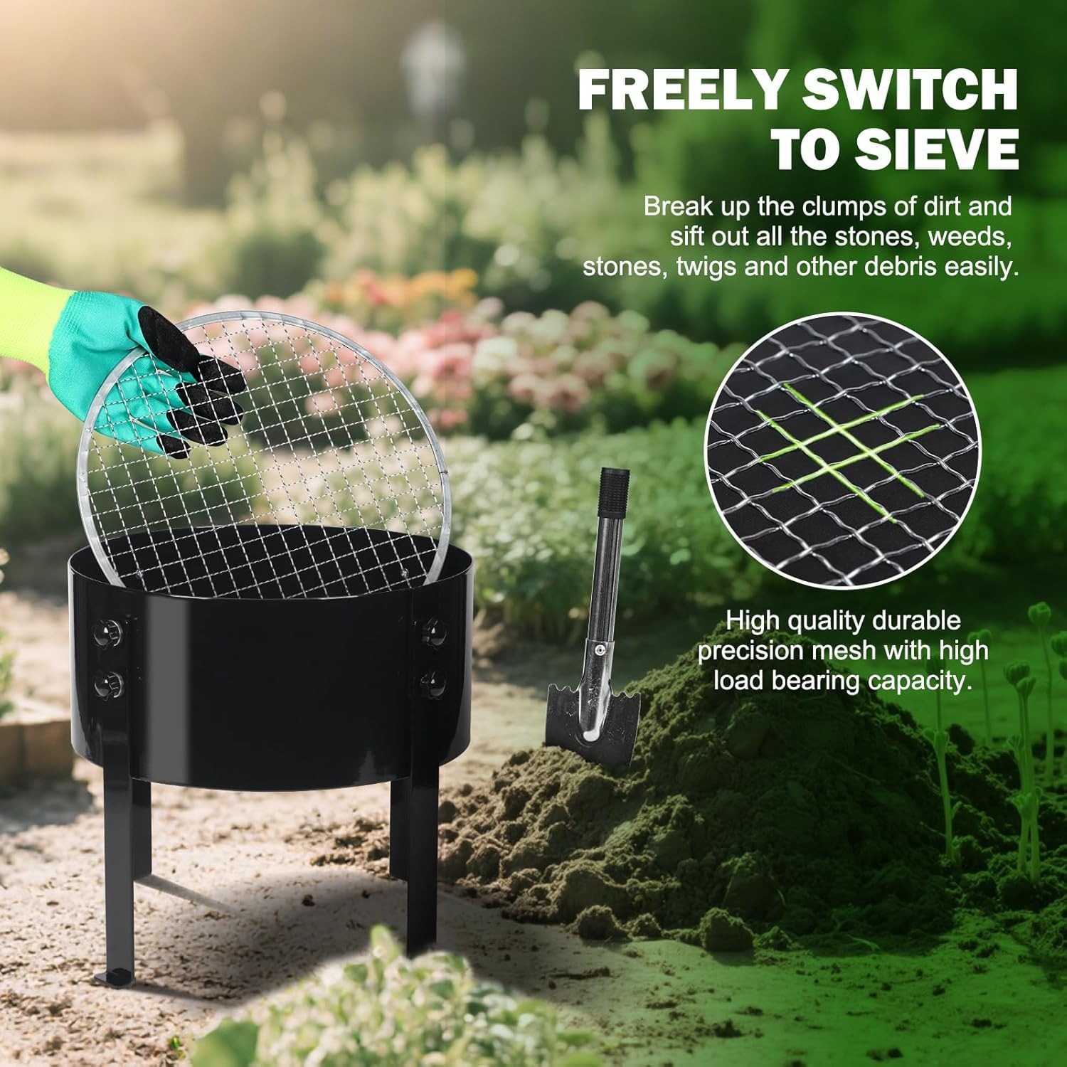 Heavy-Duty Rotary Soil Sifter – Garden Soil Sieve for Potting, Compost & Dirt Filtering
