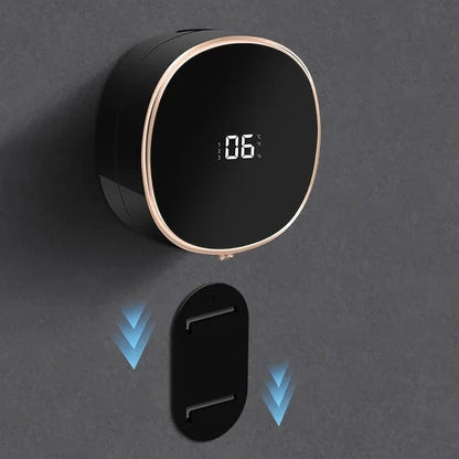 Black electronic device with digital display on a gray background