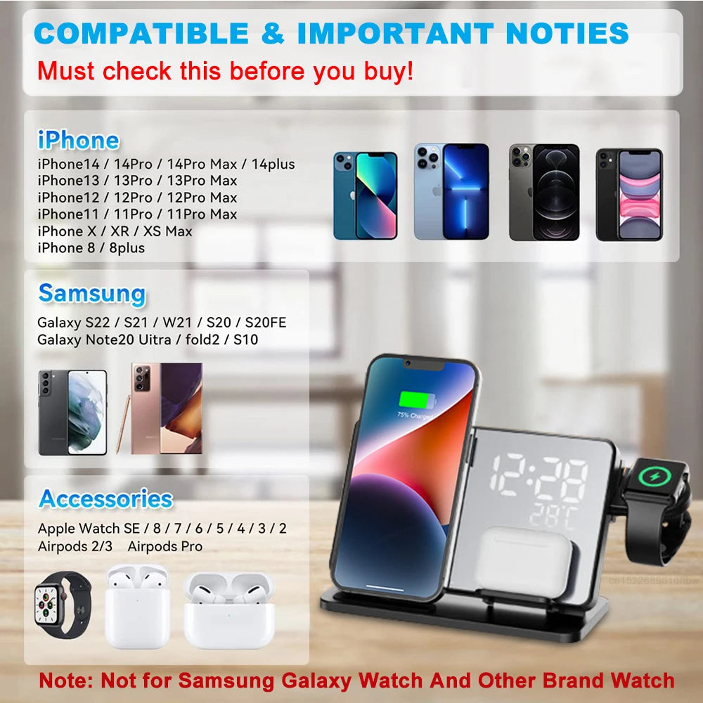 Compact Triple Charging Pad with Clock for iPhone & Accessories