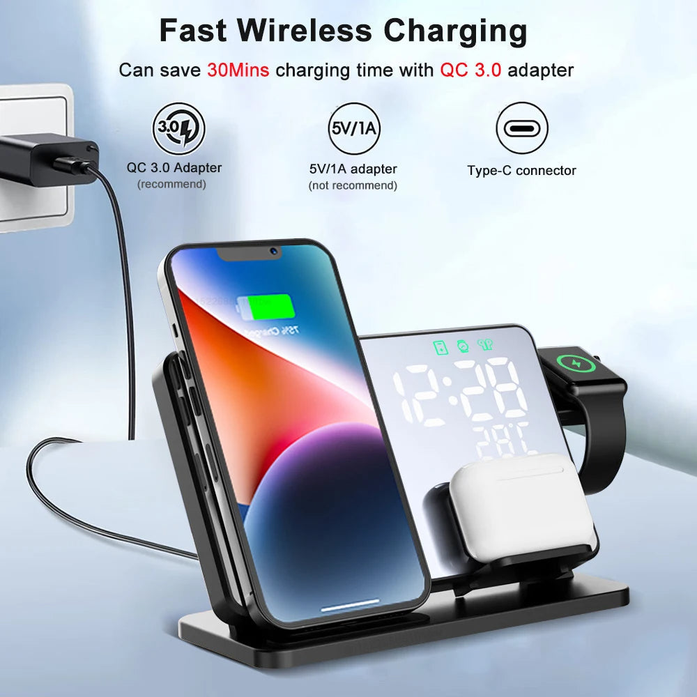 Compact Triple Charging Pad with Clock for iPhone & Accessories