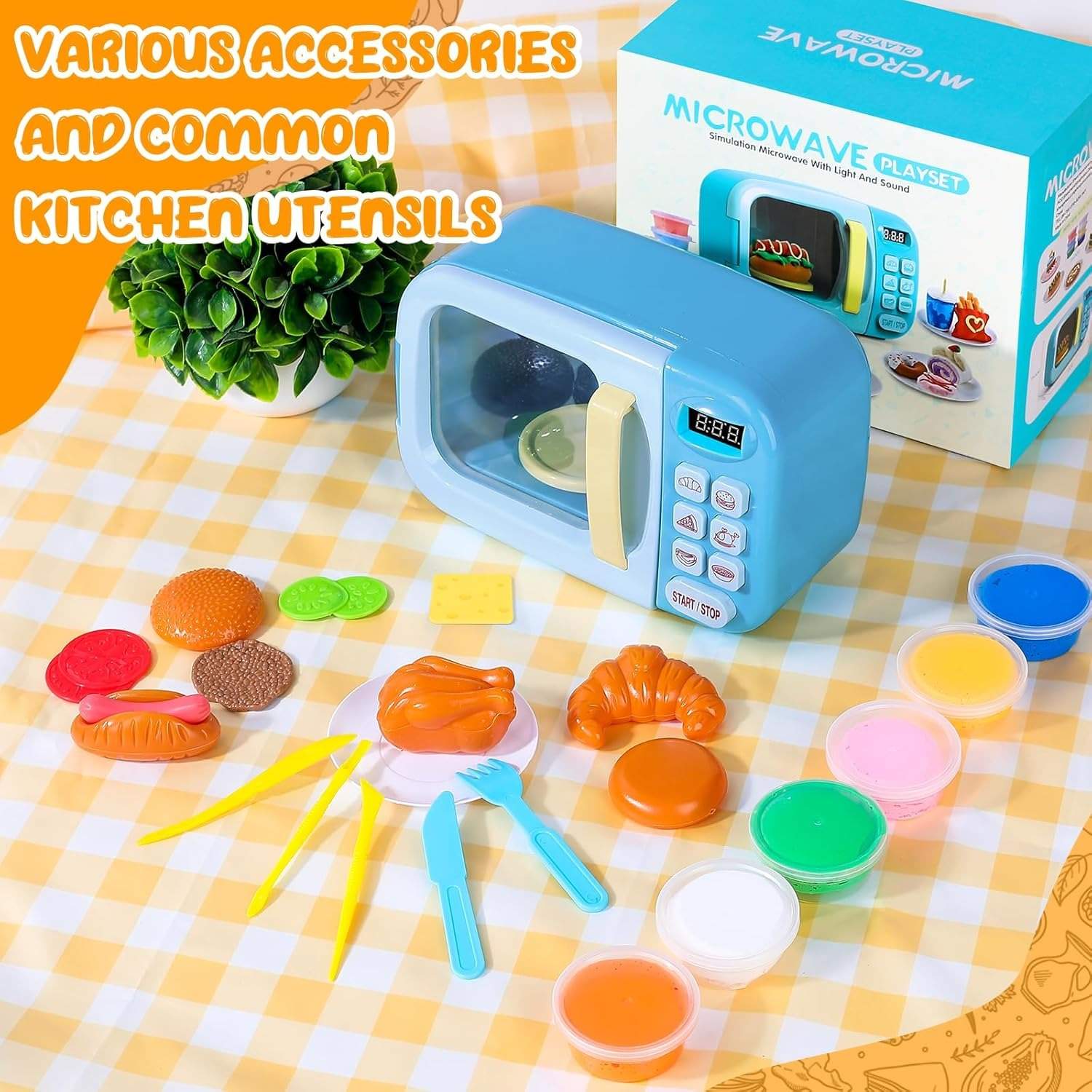 Kitchen Electric Microwave Play Set with Realistic Light, Sound & Accessories Included